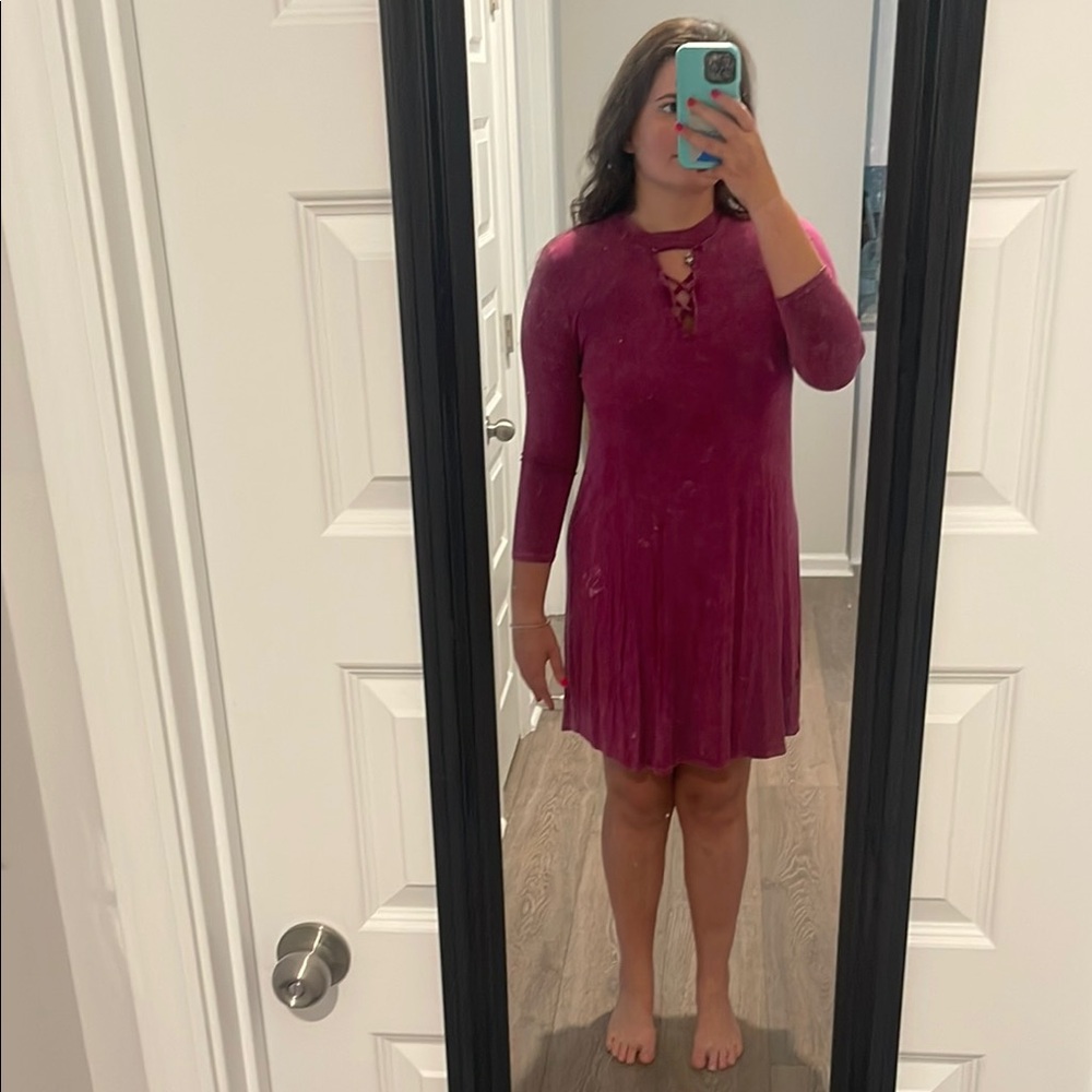 Peach Love Stretchy Pink Long Sleeve Dress with criss cross detail